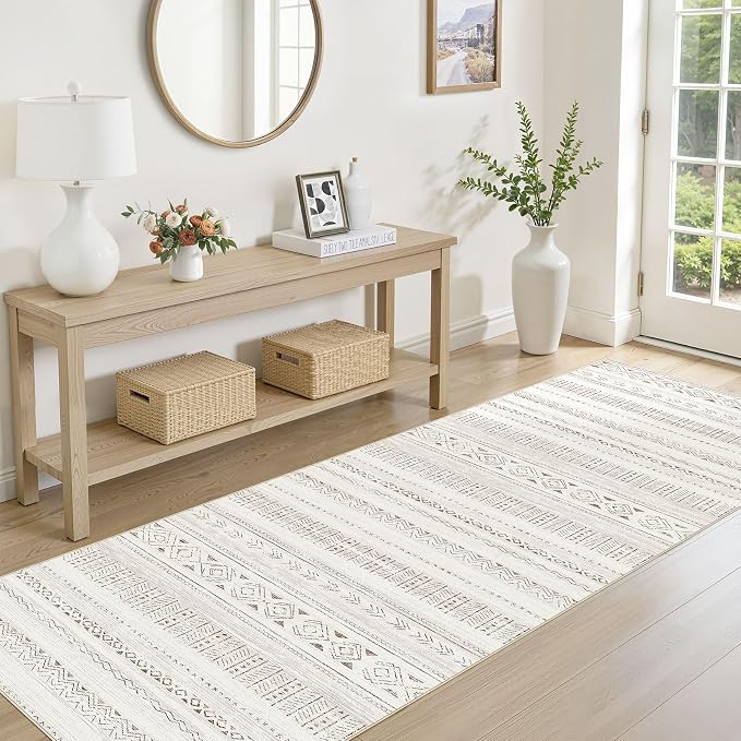cotiled Hallway 2.6x8 Runner Rugs Washable Boho Rug Brown/Cream | Stain Resistan Indoor Carpet for Entryway Kitchen Laundry Room Bedroom
