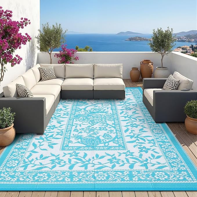 Garvee Outdoor Rug 5x8, Waterproof Reversible Foldable Plastic Straw Rug, Botanical cottagecore Outdoor Rugs Patio Camping RV Carpet for Deck Camper Porch Balcony Backyard Picnic Beach Blue
