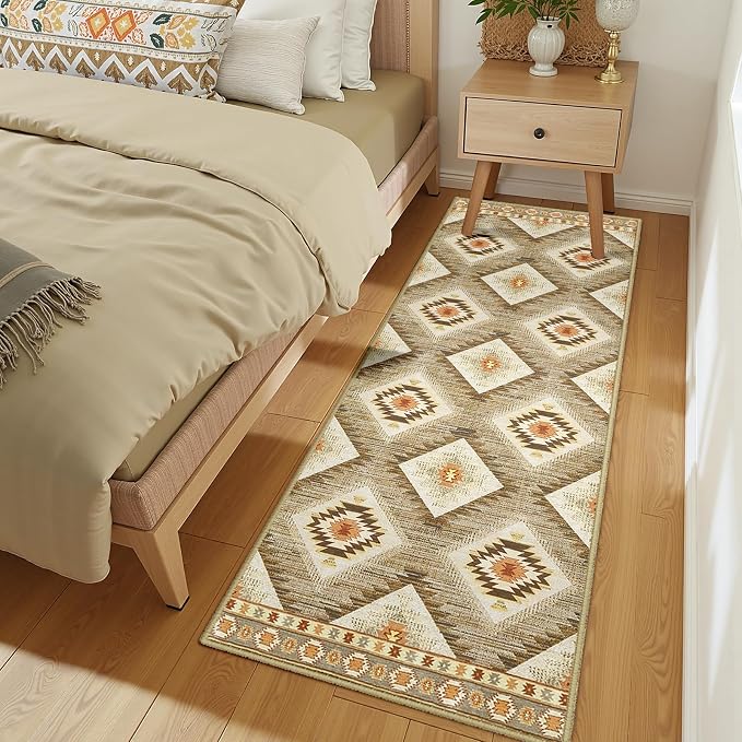 2'x5' Washable Area Rug for Living Room Runner Cream/Camel | Soft Western No Slip Low Pile Print Foldable Indoor Small Rug for Kitchen entrance entryway hallway