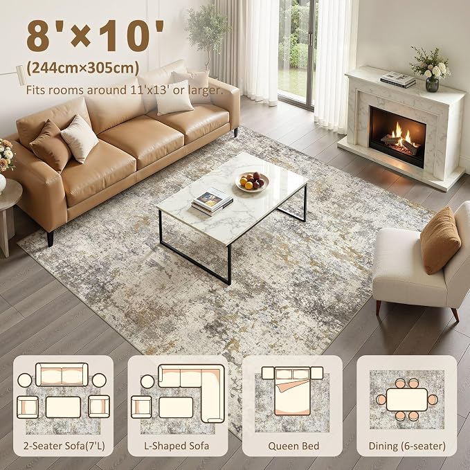 kakania Washable 8x10 Area Rug for Living Room: Abstract Modern Home Decor | Soft Stain Resistant, Low-Pile, Non-Slip, Pet & Kid Friendly, Thin Rug for Bedroom/Dining Room/Kids Dorm - Brown Gold