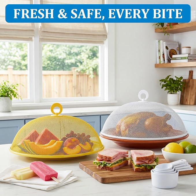 Foaincore 8 Pcs Metal Mesh Food Covers Tent Umbrella 11 Inch Outside Mesh Food Net Tents Dome Screen Plate Covers for Outdoor Picnic Camping Keep out Flies Bugs Mosquitoes(Yellow, White, Pink, Blue)