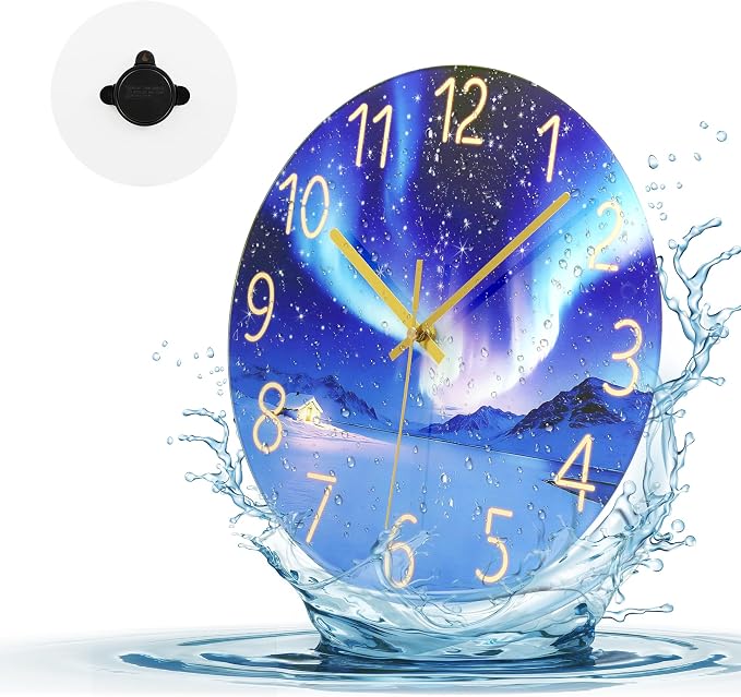 WISKALON Indoor Outdoor Glass Clock 12 Inch Waterproof Unusual Silent Non Ticking Aurora Wall Clocks Battery Operated for Patio, Pool, Garden, Backyard, Bathroom(Blue)