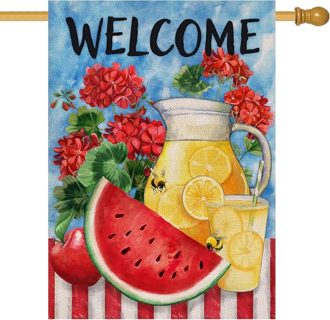 Furiaz Welcome Summer Watermelon Lemon Juice Large Decorative House Flag, Lemonade Geranium Flowers Garden Yard Outside Decorations Burlap Outdoor Decor Double Sided 28 x 40