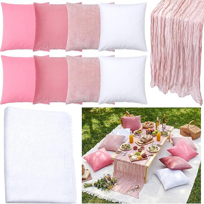 Yuntau Large Outdoor Boho Picnic Blanket with Table Runner 8 Pink White Red Pillows Covers No Pillow Summer Picnic Decor for Camp Birthday Party Bridal Shower Outdoor Backyard Garden(Pink)