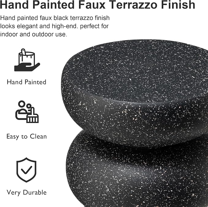 Glitzhome Outdoor Side Table Set of 2, 18" H Decorative Garden Stool MgO Faux Terrazzo End Table, Heavy Duty Indoor Outdoor Round Planter Stand for Living Room Bedroom Patio Deck Poolside,Black
