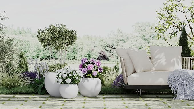 DTY Fiberstone Sphere Planter for Olive Trees, Large Round Globe Planter Indoor Outdoor, White, 70% Lighter Than Stone, Drainage Hole, 2 Coco Mats Included, Medium 16.1" D x 13.6" H