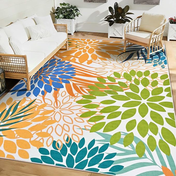 Yinhua Dahlia Floral Outdoor Rug 8x10 Colorful Indoor Outdoor Rugs Washable Patio Rug Non Slip Large Flower Area Rug Low Pile Outdoor Carpet for Patio, Deck, Porch, Balcony, Camping, Yellow Green