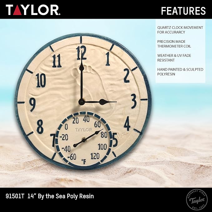 Taylor By The Sea Poly Resin Indoor and Outdoor Clock and Thermometer, Decorative and Easy to Read Large Numbers for Kitchen, Bathroom, Living Room and Indoor Areas, 14-inch, Multi-Color
