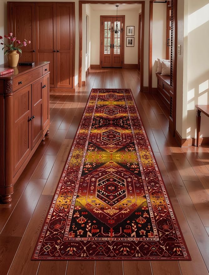 SERISSA 2'6"x12' Washable Non Slip Boho Runner Rug for Hallway | Ultra Soft Vintage Oriental Carpet Low-Pile Rustic Red Gold Floor Carpet for Kitchen Bedroom Entryway Bathroom Laundry Room
