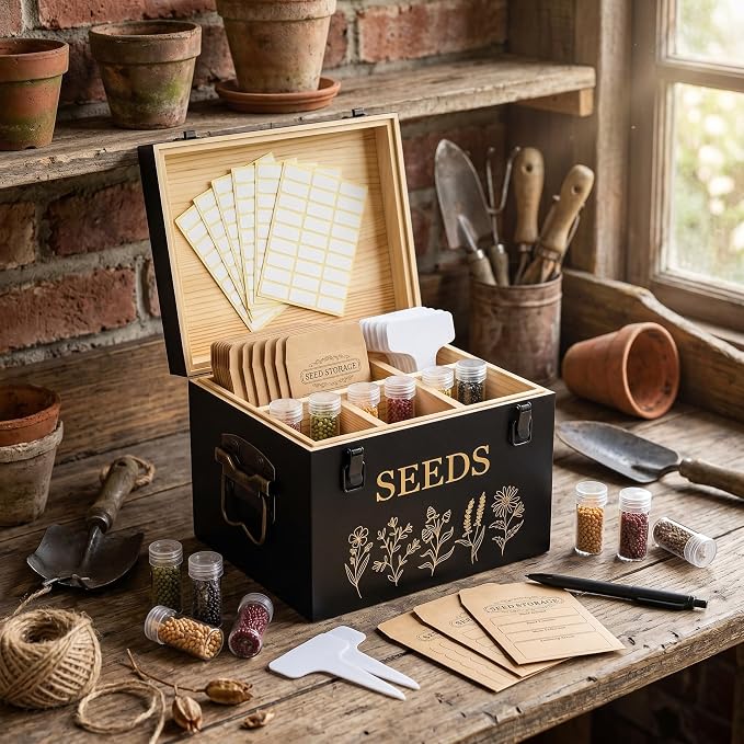 Amyhill Bamboo Wood Seed Storage Organizer Box with 30 Slot & Envelopes & Labels, 40 Stickers and Pen, Seed Saving Box with Lid Safety Locks, 4 Compartments, for Flower Plants, Gardener Gift