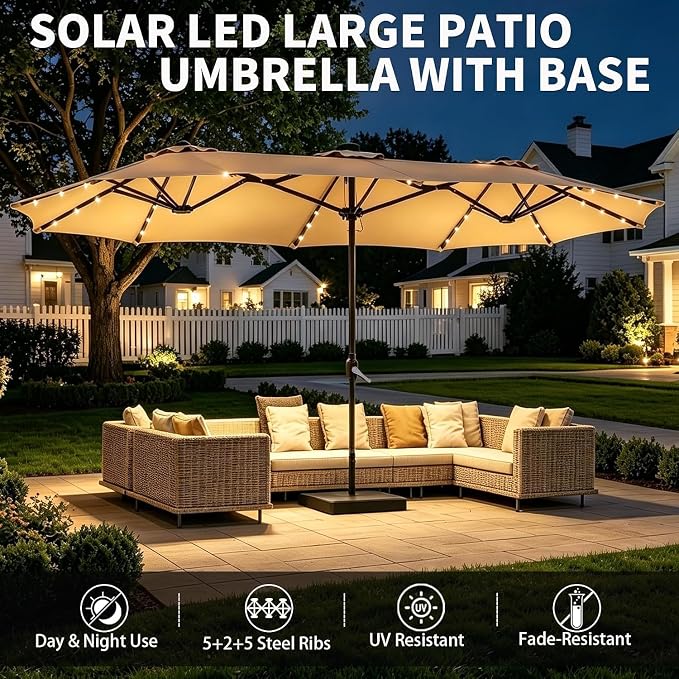 DomeShade 15ft Patio Umbrella with Base Included Solar Lights,Double Umbrella Outdoor Patio Table Umbrella Market Rectangle Umbrellas with 36 LED Lights for Outside Poolside Lawn Backyard,Beige
