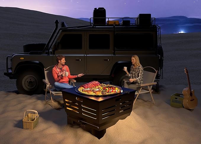 Fire Beauty Smokeless Wood Fire Pit with BBQ Grill for Camping & Backyard | Smokeless vent, ash pan, steel frame, 4-leg base, grill