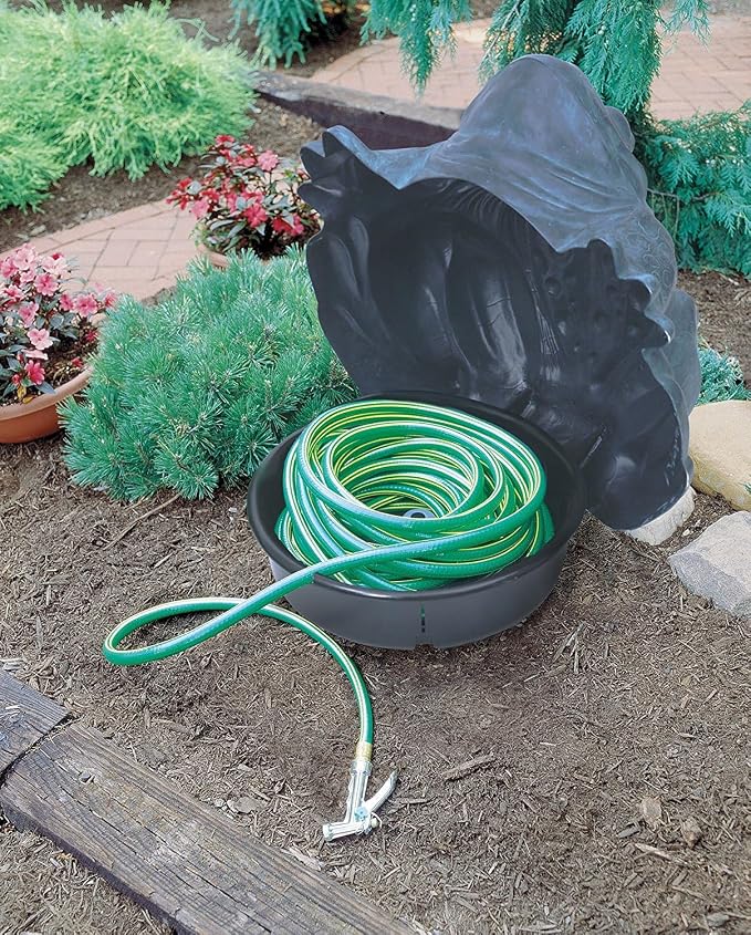 EMSCO Darwood Frog Hose Hider – Decorative Garden Hose Storage Statue – Holds 100 ft 5/8" Hose – Weather-Resistant Resin, Patina Finish