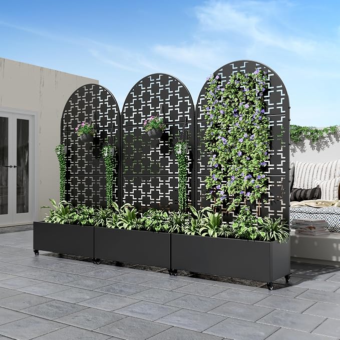 Casaphoria Metal Raised Garden Bed with Trellis and Wheels, 72"x35"x16" Arched Planter Box for Climbing Plants, Vegetables & Vines, Features Drainage Holes and Privacy Screen (Black-Square)