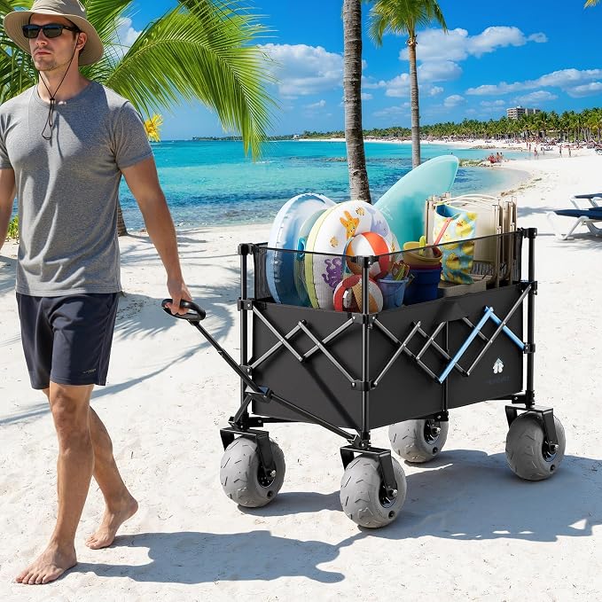 Beach Wagon with Big Wheels for Sand, 450LBS Heavy Duty Foldable Wagon Cart | 9" All-Terrain Inflatable Tires, Adjustable 200L–380L Capacity, Ideal for Groceries, Camping & Sports