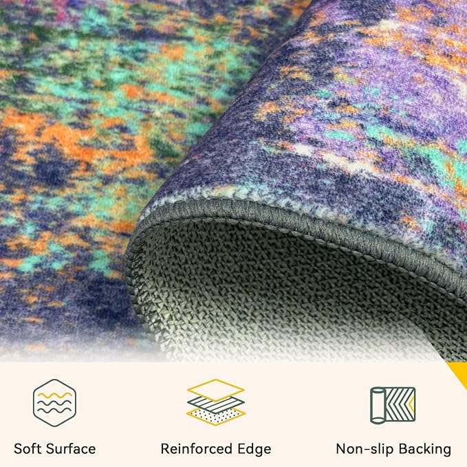 RELEANY Washable Square 8'x8' Area Rug for Living Room Purple Multi | Carpet for Bedroom, Kitchen, Office, Hallway and Entryway, Printed Pattern, Non‑Slip, Soft, Stain‑Resistant, Easy to Clean