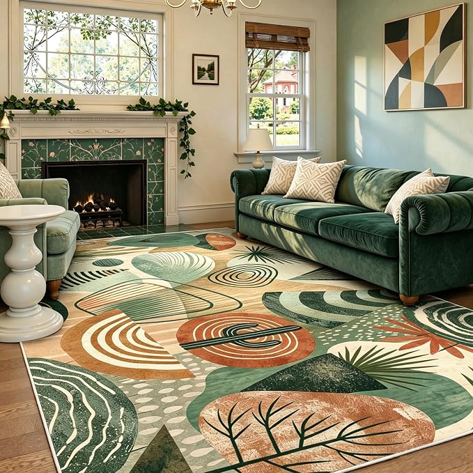 Green Area Rug 5x7, Green Boho Abstract Rug for Living Room, Irregular Geometric Design, Machine Washable Sage Green Rug, Stain Resistant,Low Pile, Non-Slip Backing,Bedroom Dining Room