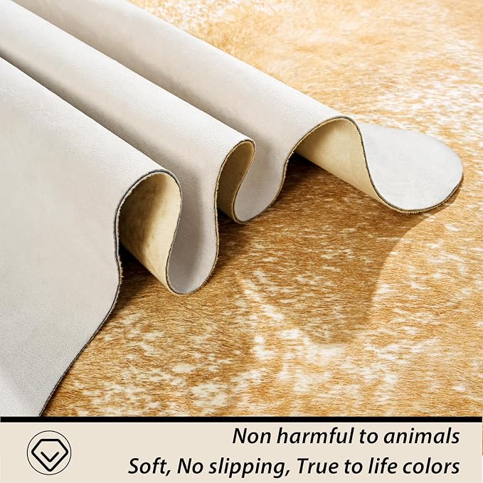 Washable Cowhide Rug for Living Room, Large 6x7 Khaki Faux Cow Print Area Rugs, Non Slip Animal Skin Bedroom Carpet, Rustic Western Home Decor Fake Hide Floor Mat for Office Fireplace