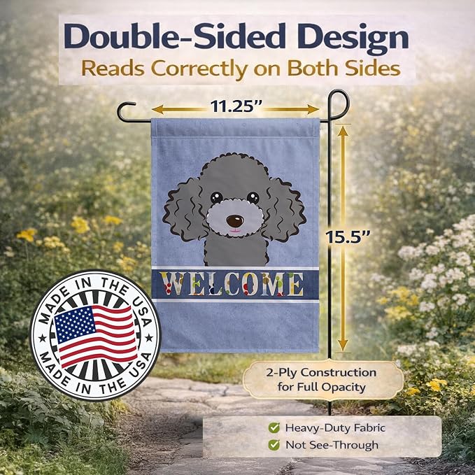 Caroline's Treasures BB1445GF Silver Gray Poodle Welcome Garden Flag, Blue Mailbox Flag Decorative Yard Flag Banner Outside Patio Artwork Yard Flower Beds, Garden Size, Multicolor