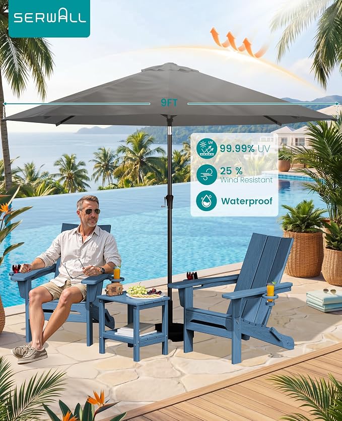 SERWALL Modern Folding Adirondack Chair Set with 9 Ft Umbrella, Folable Adirondack Chairs Set of 2 with Cup Holders, HDPE Fire Pit Chairs for Patio Lawn Garden, Blue (Umbrella Base is not Included)
