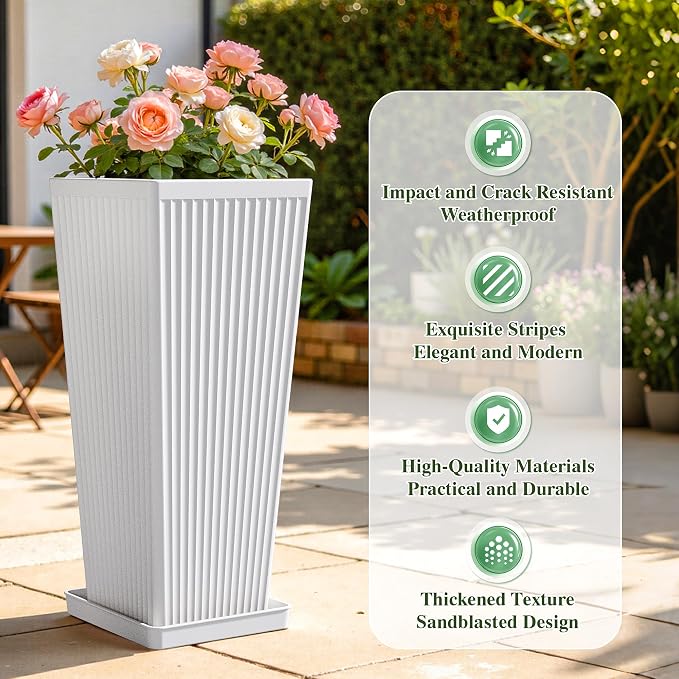 Front Porch Planters Outdoor Set of 2, 24" Tall Plastic Planters for Outdoor Plants with Drainage, Extra Large Outdoor Planter Pots, Tapered Tall Planters for Front Door & Indoor Plants, White
