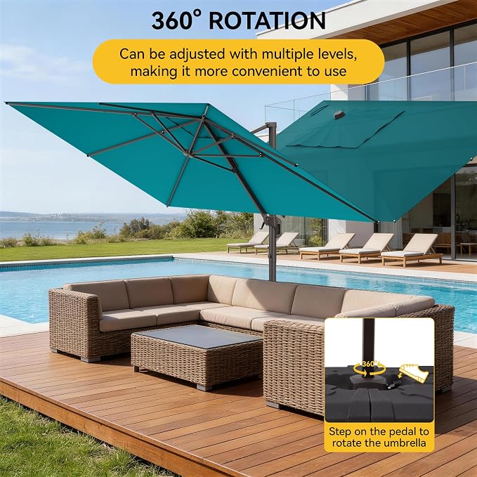 9x12 FT Cantilever Patio Umbrella, Large Rectangular Offset Outdoor Umbrella with 360° Rotation, Heavy Duty Shade Umbrella for Garden Backyard Deck Poolside Courtyard, Turquoise