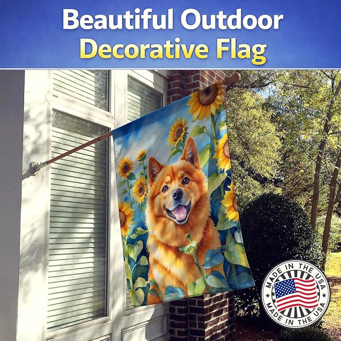 Caroline's Treasures DAC6077CHF Finnish Spitz in Sunflowers House Flag Large Porch Sleeve Pole Decorative Outside Yard Banner Artwork Wall Hanging, Polyester, House Size, Multicolor