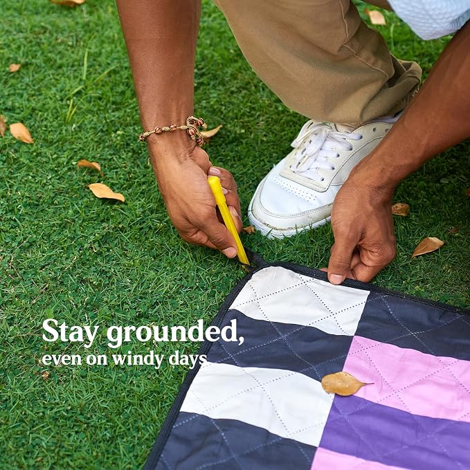 Cozy Club Waterproof Picnic Blanket – Foldable Outdoor Mat 60x70 with Stakes, Pocket & Shoulder Strap | Sandproof Beach Blanket for Festivals, Camping & Travel | Self-Packing | Multicolor | US Brand