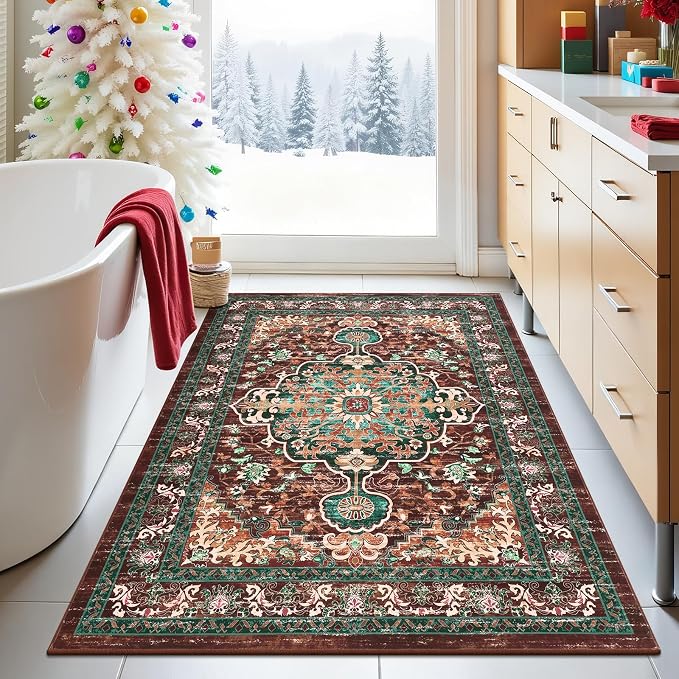 U'Artlines Boho Vintage Area Rug 4x6 Machine Washable Carpet, Rust＆Teal | Low Pile, Non Slip, Ultra-Thin Soft Floor Carpet, Accent Rug for Living Room Bedroom Entryway Dining Room Office