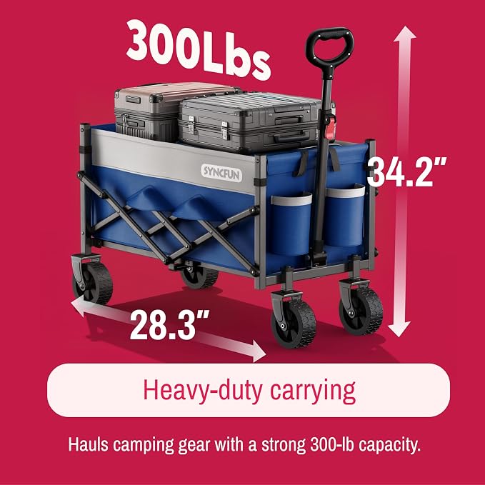 SYNCFUN Collapsible Wagon Cart Foldable, Portable Rolling Shopping Carts on Wheels, Folding Sport Beach Wagons All Terrain, Heavy Duty Garden Utility Cart for Groceries Fishing 300lbs, Blue