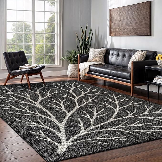Washable Indoor Outdoor Rug 5x7 Modern Area Rugs Branch Pattern Non Shedding Waterproof Easy Clean Patio Deck Porch Living Room Bedroom Garden RV (5 X 7 Dark Gray)