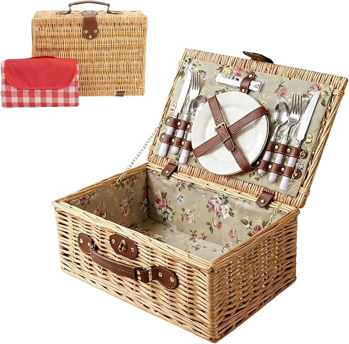 Multifunctional Wicker Picnic Basket Set for 2 Adults with Picnic Table and Blankets,Large Insulated Picnic Set with Wine Pouch and Full Tablewares for Camping Outdoor Couples Beach Wedding Flower