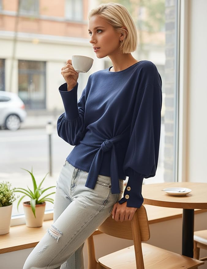Dsewpaur Twist Knot Tie Front Sweatshirt Tops For Women Long Balloon Sleeve Crew Neck Pullover Casual Fall Outfits