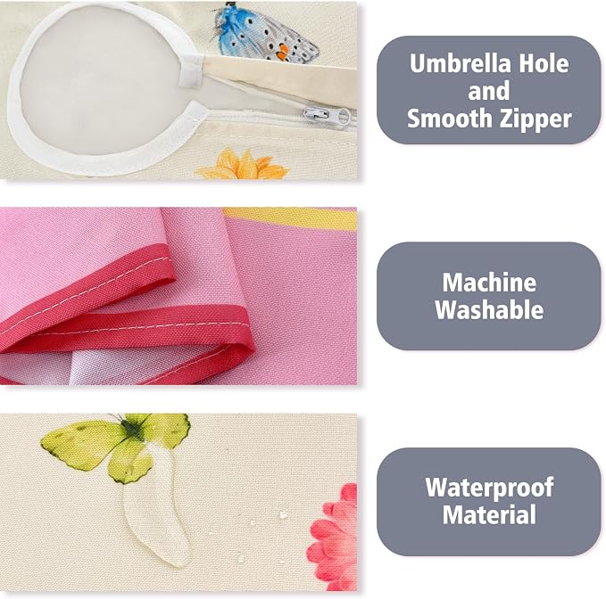 Vintage Flowers Outdoor Tablecloth with Umbrella Hole 60" x 60" Waterproof Zipper Table Cloth for Garden - Ideal Patio Table Cover for Picnics, Camping, and Yard Use