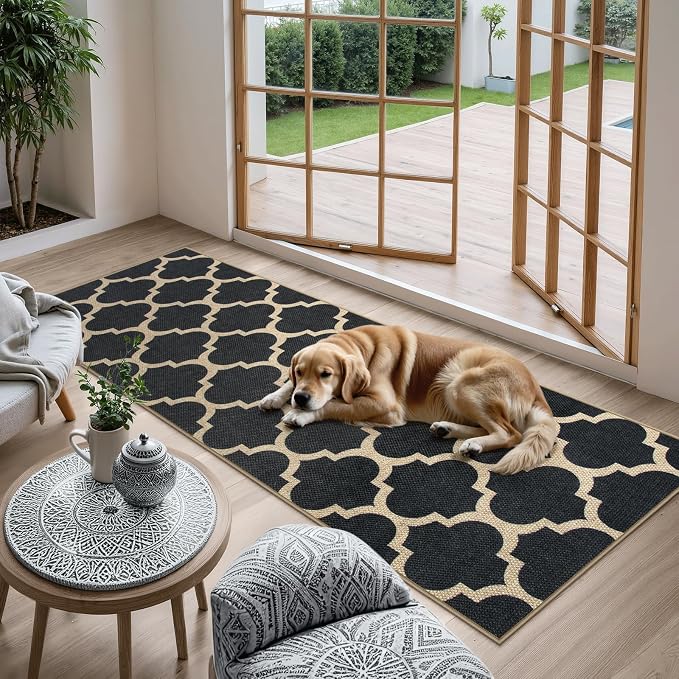 Lahome Moroccan Easy Jute Runner Rug 2x6, Black Outdoor Washable Runner Rugs for Porch Kitchen, Geometric Trellis Woven Long Carpet for Laundry, Thin Non Slip Farmhouse Porch Decor