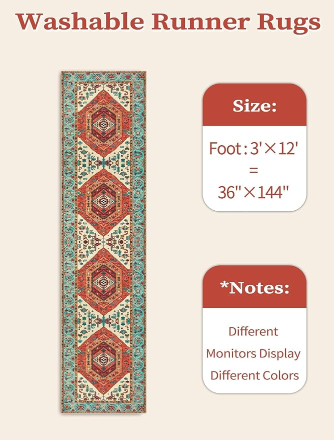 SERISSA 3x12 Washable Non Slip Boho Runner Rug for Hallway，Orange | Ultra Soft Vintage Oriental Carpet Low-Pile Tribal Floor Carpet for Stair Kitchen Bedroom Bathroom Laundry Room