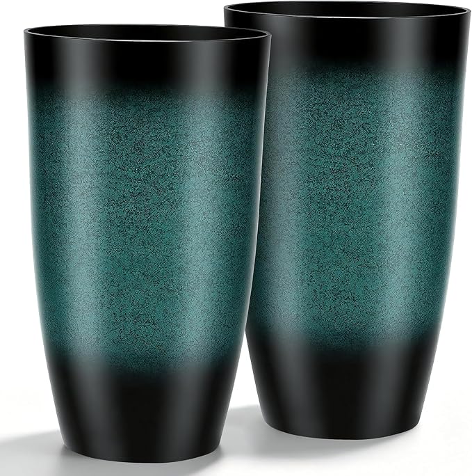 Autodaya 23.8" Tall Outdoor Planters Set of 2, Ceramic-Look Large Plastic Flower Pots with Drainage Holes, Gradient Turquoise Indoor Outdoor Plant Pots for Porch Patio Balcony Garden Home Decor
