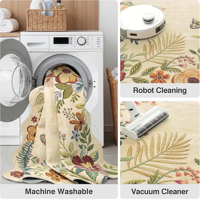 FMFUNCTEX 8x10 Washable Beige Floral Scalloped Area Rug for Living Room | Boho Vintage Flower Colorful Traditional Cream Soft Non Slip Low Pile Large Indoor Thin Carpet Bedroom Dining Room Nursery