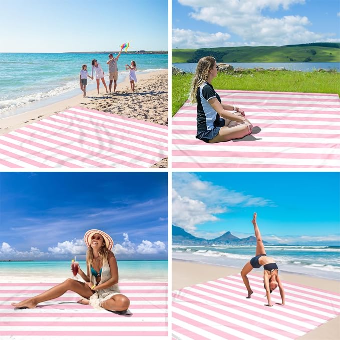 Beach Blanket Sandproof Waterproof,Extra Large Picnic Blanket 9 Ft X 10 Ft for 8 Adults with Stakes and Sand Pocket, Compact Lightweight Sand Free Beach Mat Essential- Pink Striped