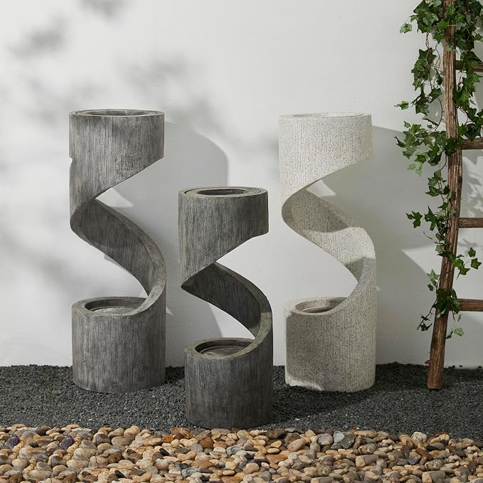Glitzhome Outdoor Fountain with LED Light, Spiral Water Fountain Outdoor with Stone Planter, Modern Curved Waterfall Fountains Water Feature for Garden Patio, 31.3”H