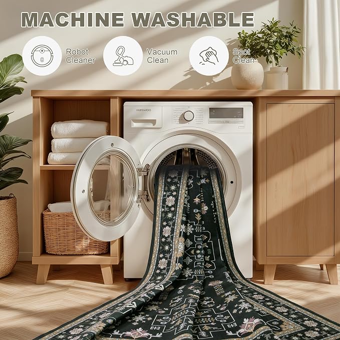 9x12 Area Rugs Living Room: Washable Vintage Rug for Bedroom Black | Vintage No Slip Stain Resistant Rug Soft Indoor Decor Floor Floral Area Rugs for Dining Room, Nursery, Hallway, Home Office
