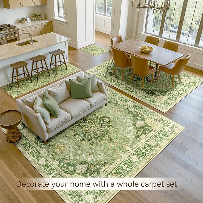 RELEANY Washable Area Rug, 6'x9', Green/Yellow | Non-Slip, Water Repellent, Pet Friendly, Easy to Clean, Vintage Floral Boho Decor for Living Room Bedroom Dining Room Office