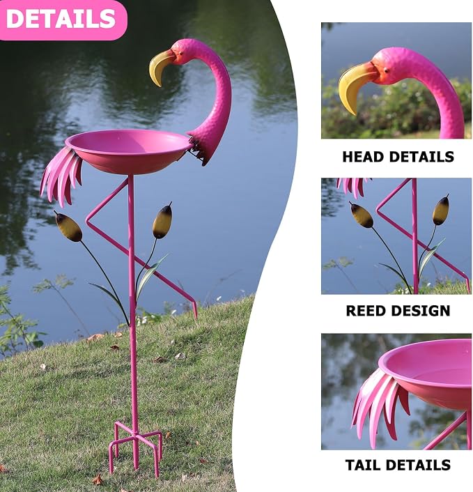 12.2”D * 45.3”H Flamingo Bird Bath, Metal Bird Baths for Outdoor, Bird Feeder with 5 Prongs Stake for Outside Garden Yard Decor