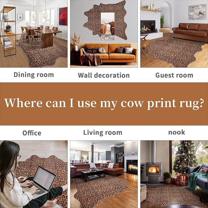 Leopard Rug 7.6x6.2 ft Cheetah Print Cowhide Rug Animal Rugs for Living Room Bedroom Dinning Room Nonslip Faux Cow Hide