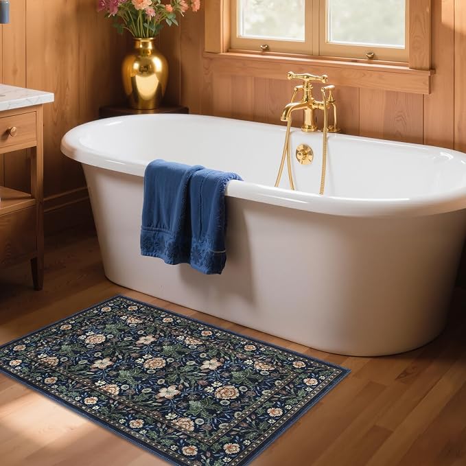 GarveeHome Small Navy Entryway Rug, 2x3 Washable Front Door Rug Indoor Entrance Floral Carpet Non-Slip Low Pile Throw Rugs for Kitchen Floor, Powder Room, Entry, Bathroom, Kids Room
