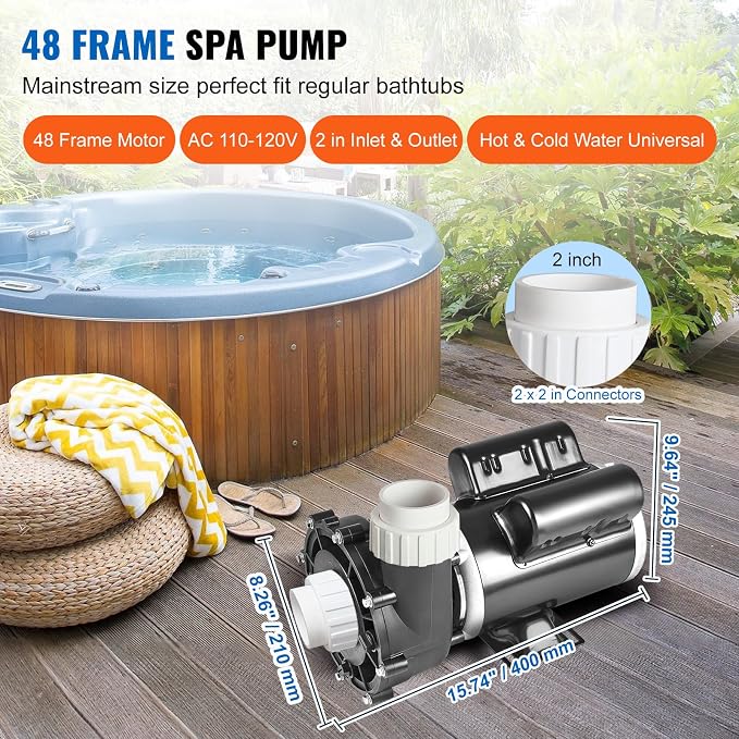 VEVOR 2 Speed SPA Pump, 48-Frame, AC 110-120V Hot Tub SPA Pump, 1.5 HP / 150 GPM / 42.65 ft High Speed or 0.46 HP / 70 GPM / 9.18 ft Low Speed, 2'' Port 90° Rotational Interface for Hot Tub