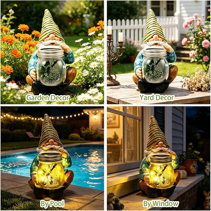 VOOKRY Solar Garden Gnome Statues, Outdoor Gnome with Firefly Solar Lights | Birthday Gifts for Mom Women Christmas Mother's Day, Garden Figurines for Yard Decor Patio Porch Lawn Ornaments
