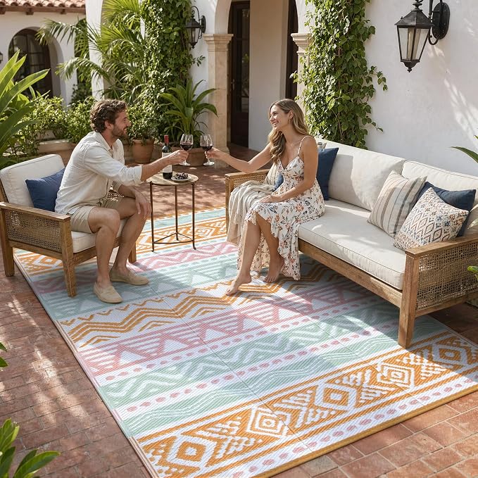 Lahome Waterproof Outdoor Rug 6x9, Reversible Outdoor Plastic Straw Rug for Camping, Large RV Outdoor Patio Rug, Outdoor Rugs Carpet for Porch Deck Backyard Balcony Picnic(Pink/Orange,6'x 9')