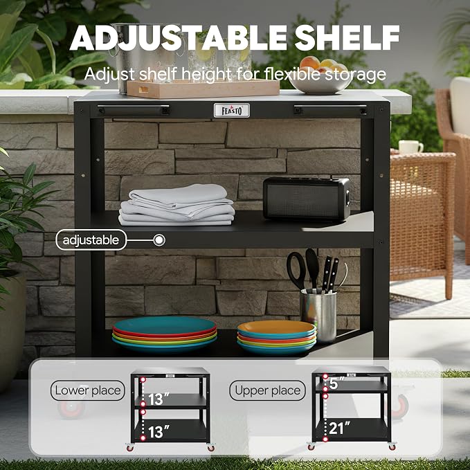 Feasto 36''x 24'' Heavy-Duty Outdoor Pizza Oven Table, 304 Stainless Steel Grill Table with Lockable Wheels for Pizza Ovens & Griddles, 3-Shelf Prep Table for Deck, Patio BBQ & Parties | 304 Stainless Steel Tabletop for Pizza Ovens & Griddles, Heavy-Du...