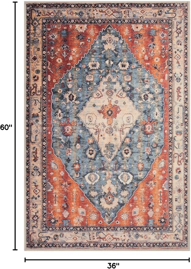 SERISSA 3x5 Washable Non Slip Boho Area Rug for Bedroom | Ultra Soft Vintage Oriental Carpet Low-Pile Distressed Tribal Throw Rug Carpet for Living Room Nursery Kitchen Dorm Decor